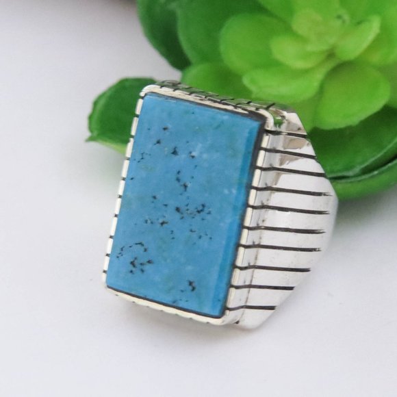 Navajo Kingman Turquoise Sterling Silver Large Rectangular Men's Ring Size 11 3/ - Picture 3 of 8